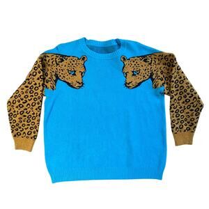 Angashion Leopard Crew Neck sweater Sz L Teal & Brown Leopard Spot Sleeves